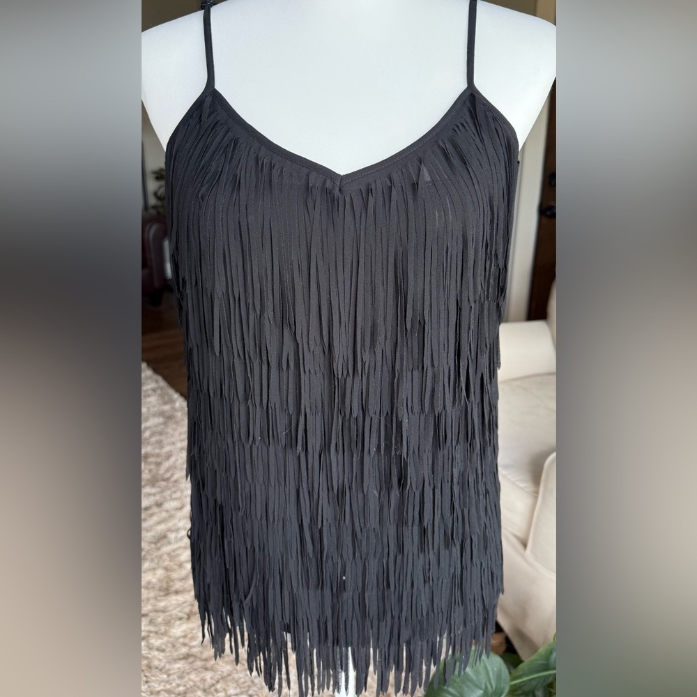 Naked Zebra Black Spaghetti Strap Fringe Tank Top Size Small